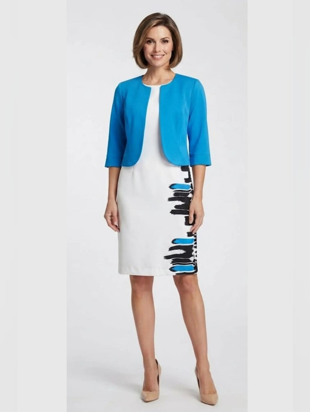 White Pencil Skirt with Blue & Black Side Print
